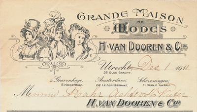 711074 Nota van H. van Dooren & Cie, Grande Maison de Modes, Bontwerken, Oude Gracht [Tz.] 38 te Utrecht, ten name van ...